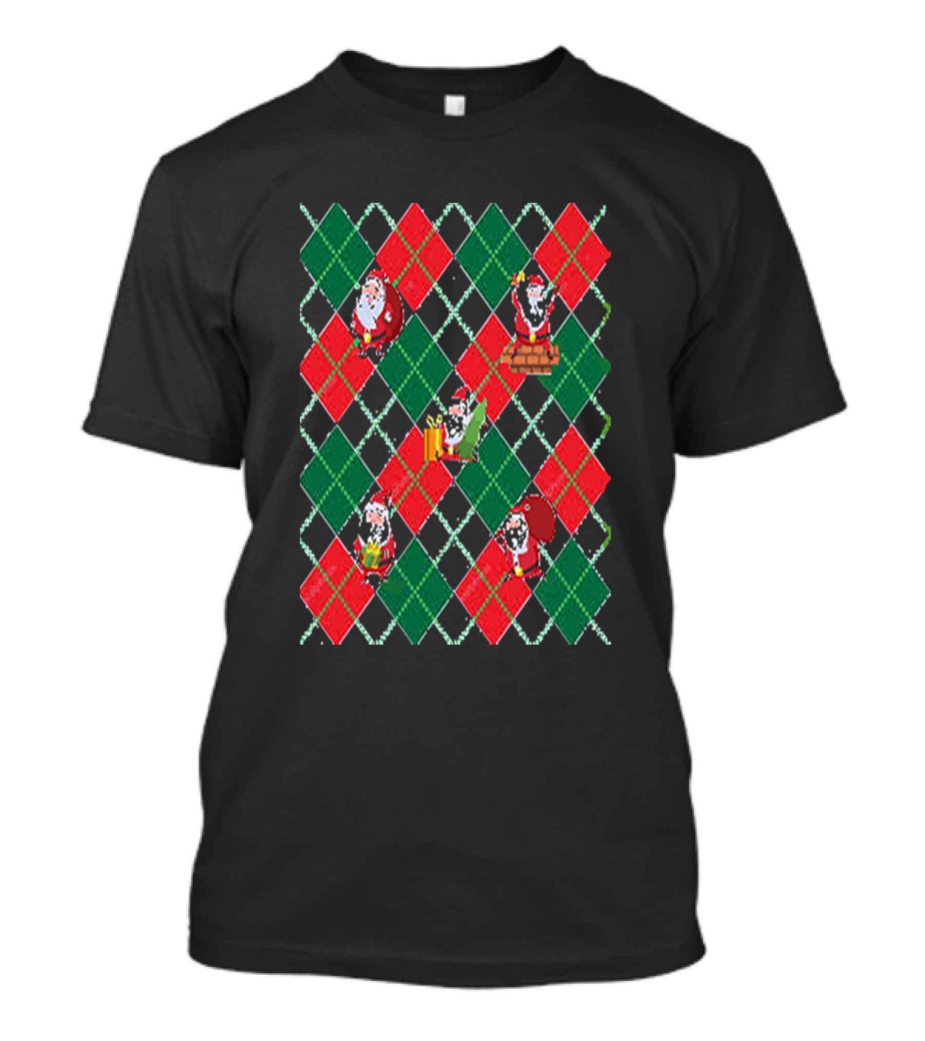 Merry Christmas Santa Argyle Pattern With Gifts And Chimney T-Shirt