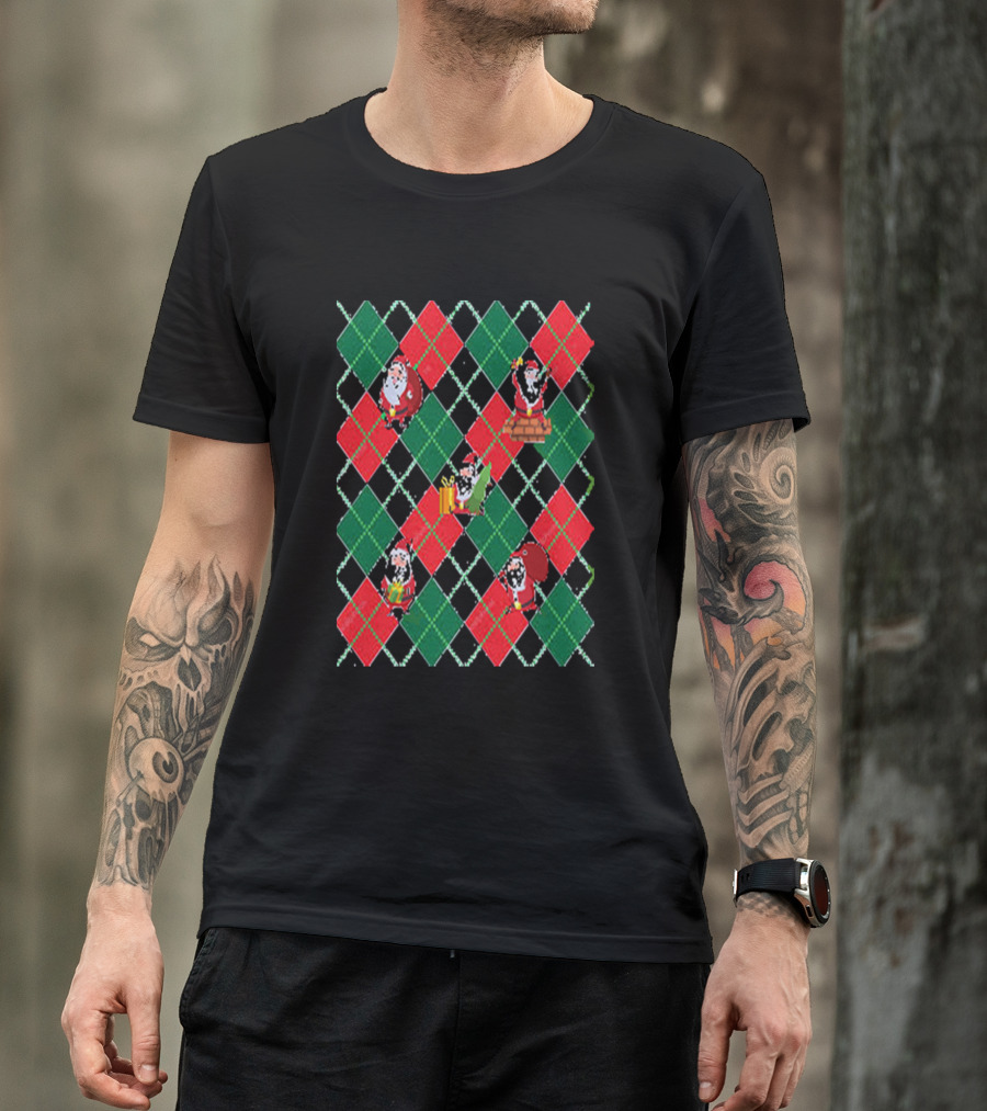 Merry Christmas Santa Argyle Pattern With Gifts And Chimney T-Shirt