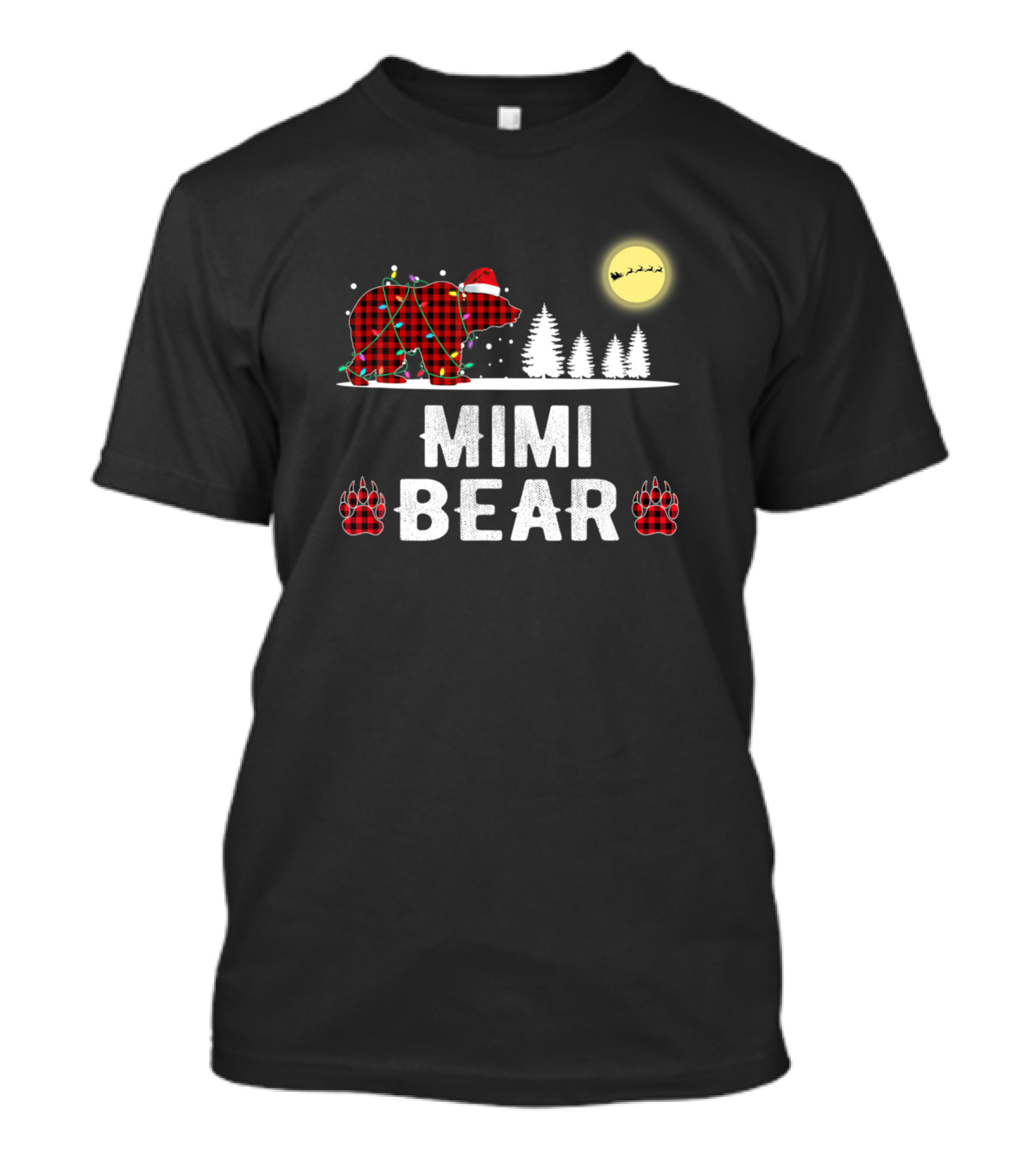 Mimi Bear Christmas Red Plaid Buffalo Lights Santa Moon Trees T-Shirt