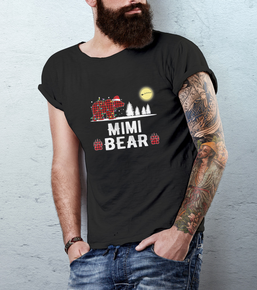 Mimi Bear Christmas Red Plaid Buffalo Lights Santa Moon Trees T-Shirt