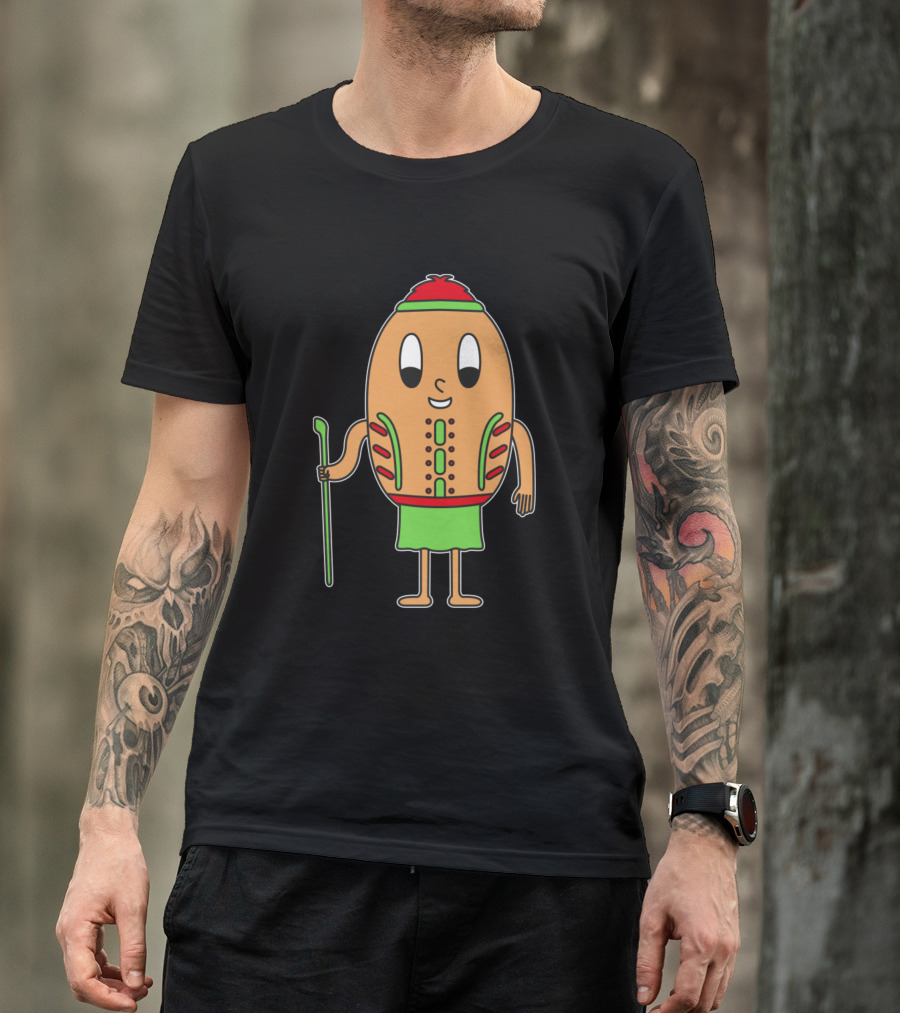 Native Egg Character Holding Staff With Red, Green Tribal T-Shirt