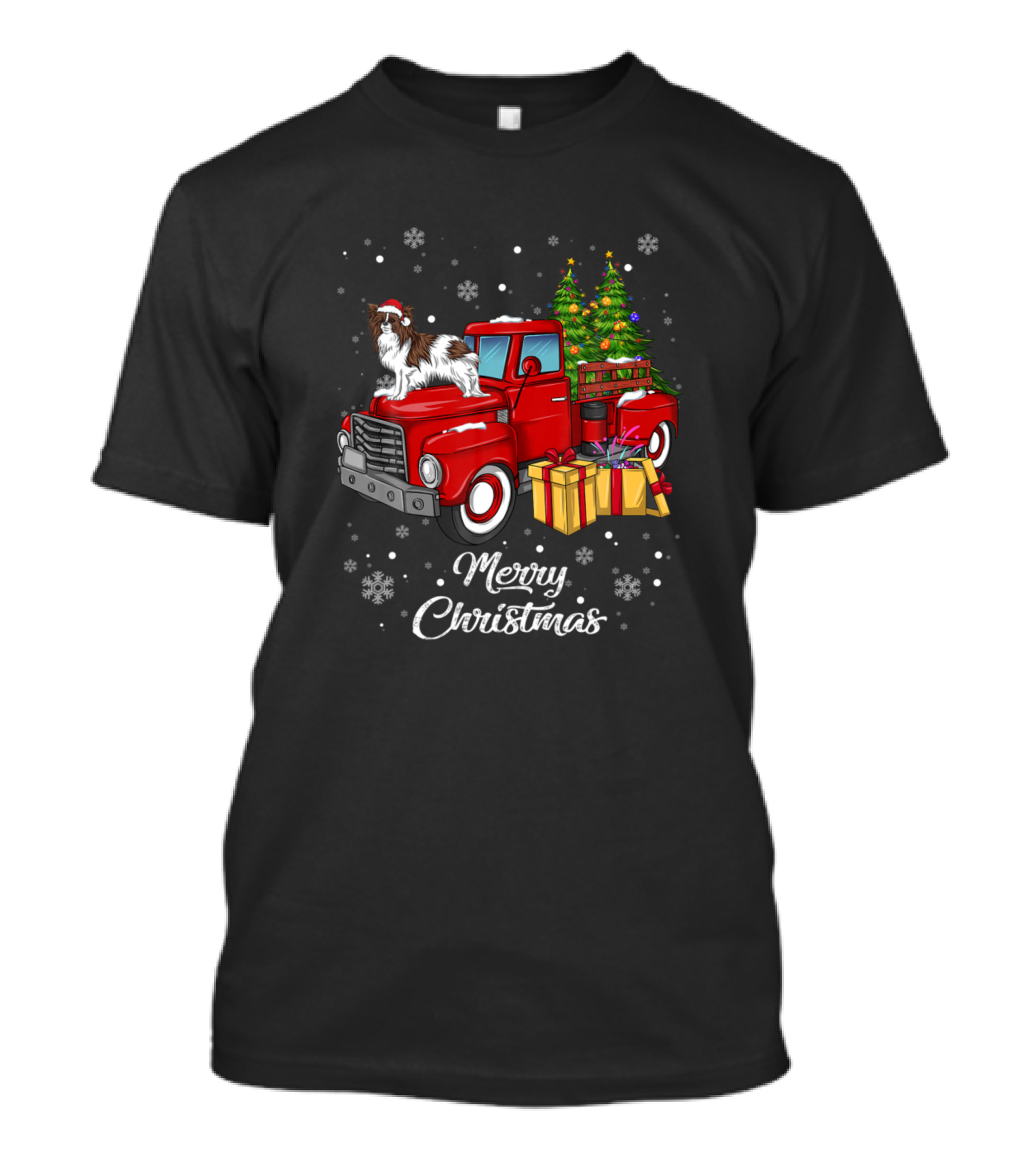 Papillon Riding Red Truck Merry Christmas With Presents And Snowflakes T-Shirt