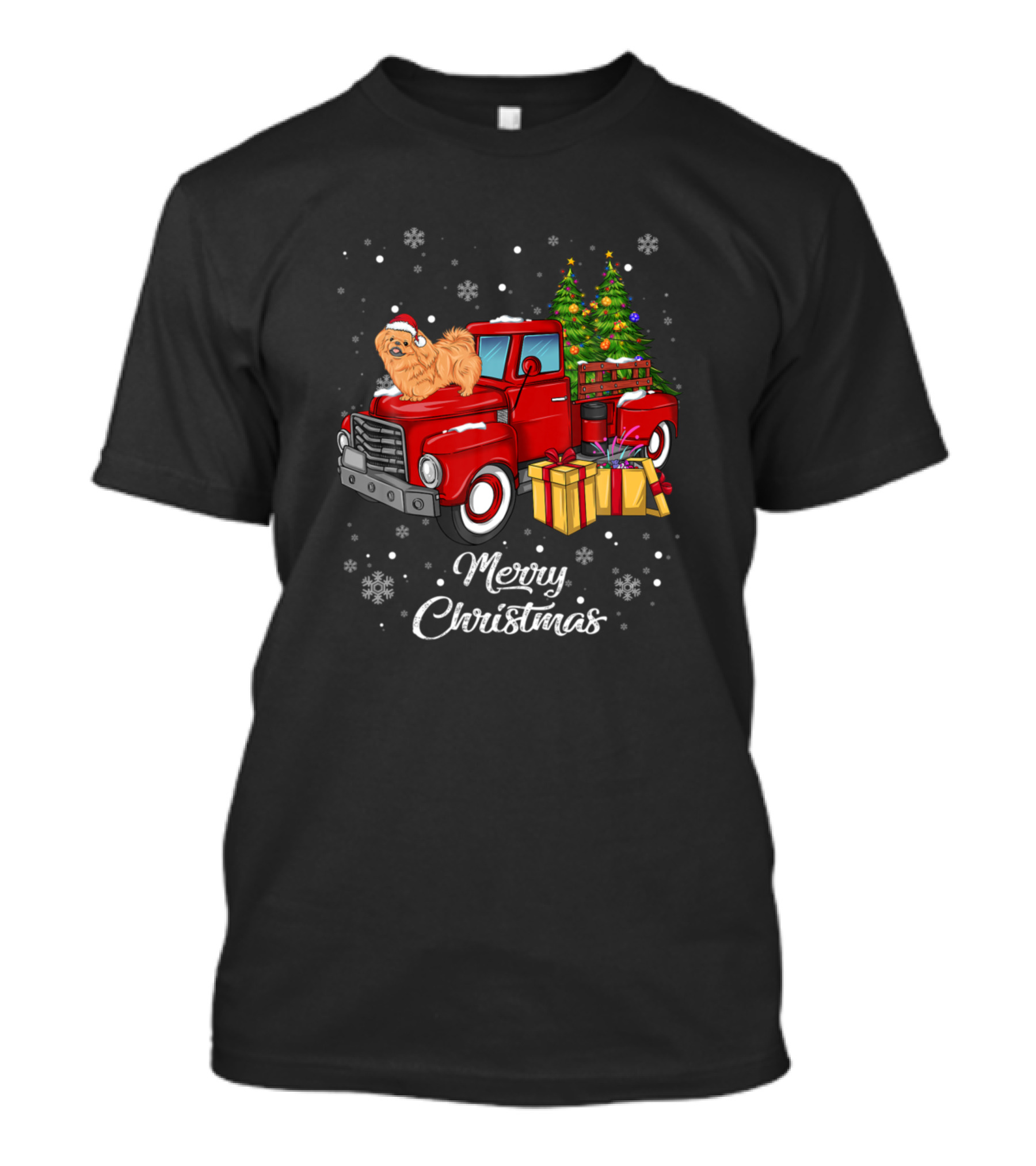 Merry Christmas Pekingese On Red Truck Holiday Tree Gifts Snowflakes T-Shirt