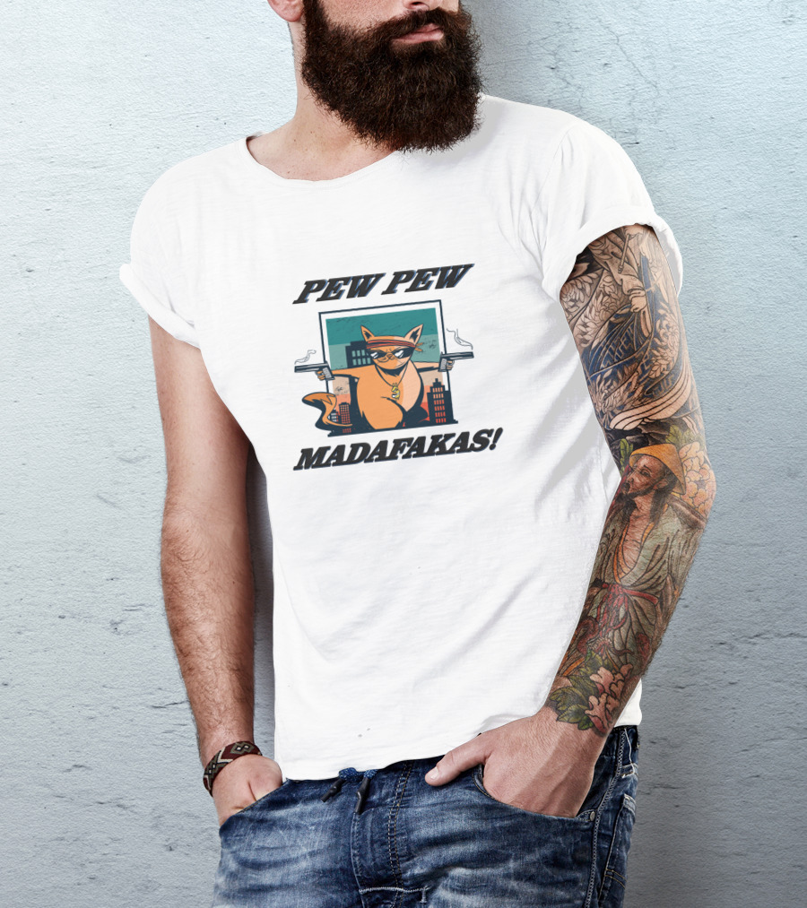 Pew Pew Madafakas Cool Cat With Guns And City Background T-Shirt