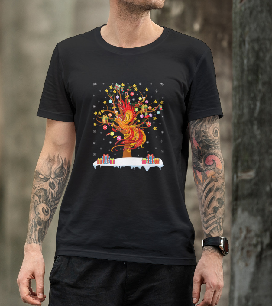 Phoenix Bird Decorating Christmas Tree With Presents And Stars Snowflakes T-Shirt