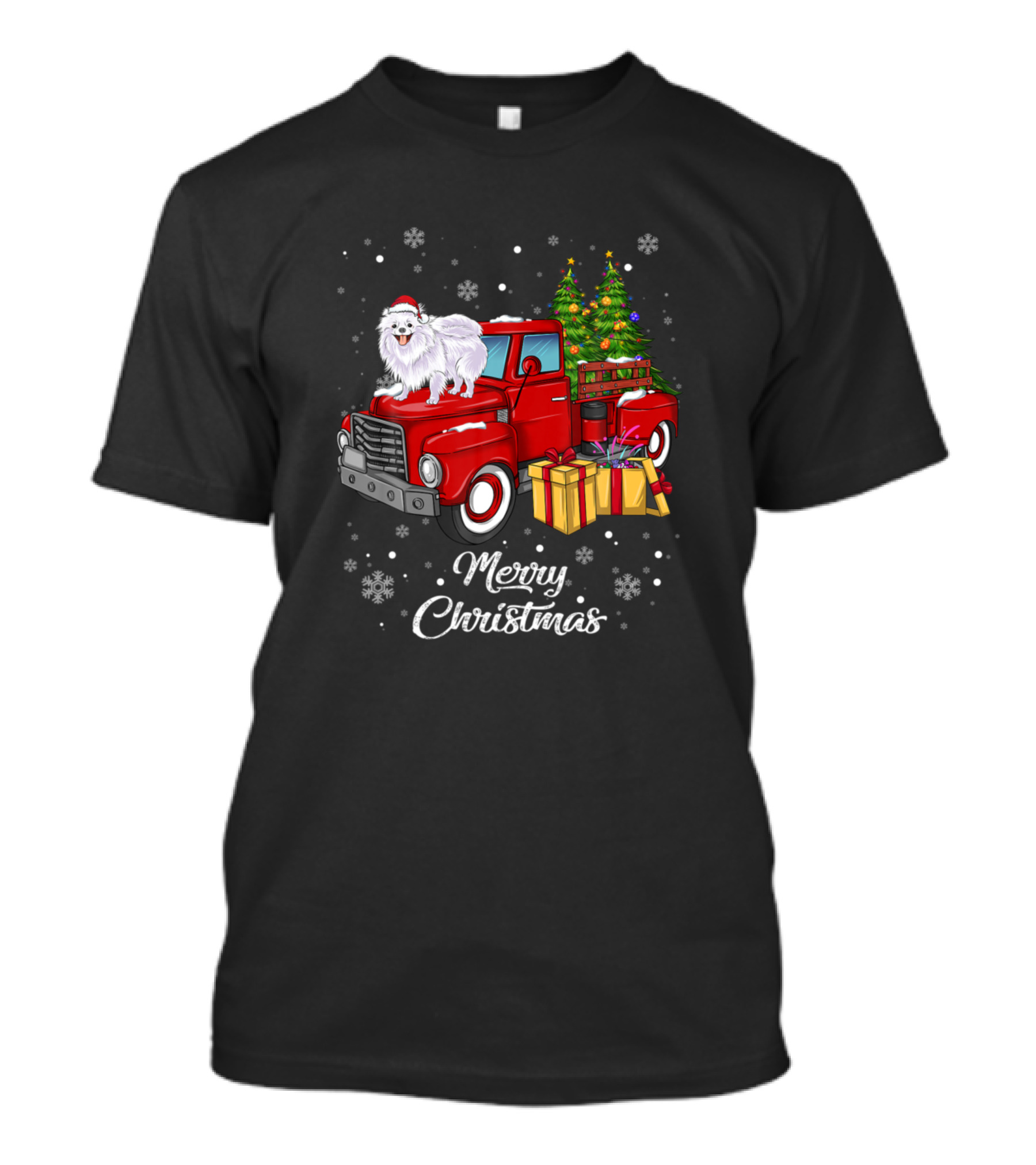 Pomeranian On Red Truck With Gifts And Christmas Tree Merry Christmas T-Shirt