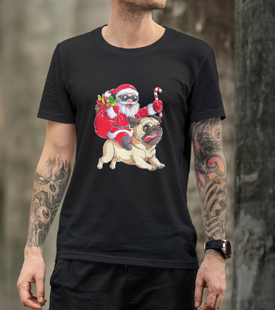 Pug Santa With Candy Cane And Gifts T-Shirt