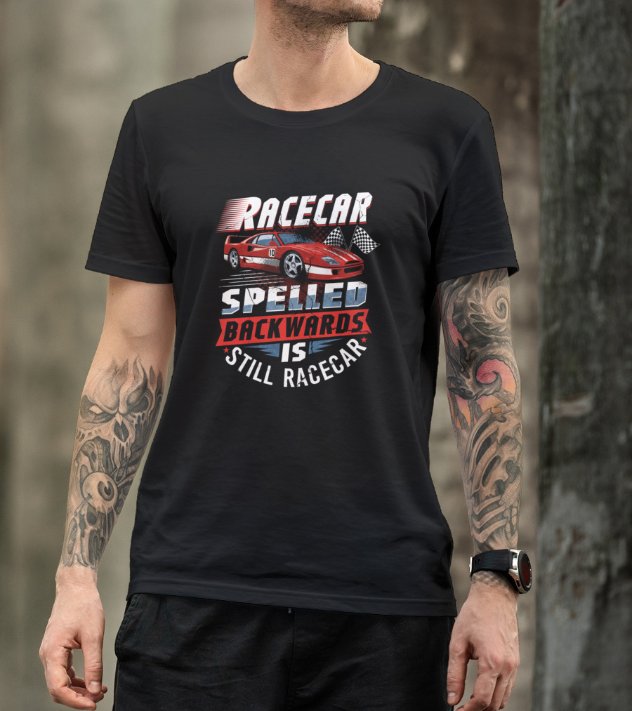 Racecar Spelled Backwards Is Still Racecar With Red Sportscar And Checkered Flags T-Shirt