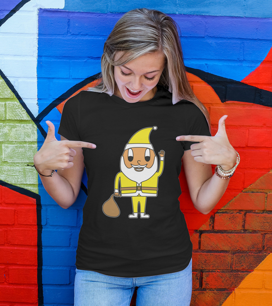 Santa Claus Egg Character In Yellow Suit With Sack T-Shirt