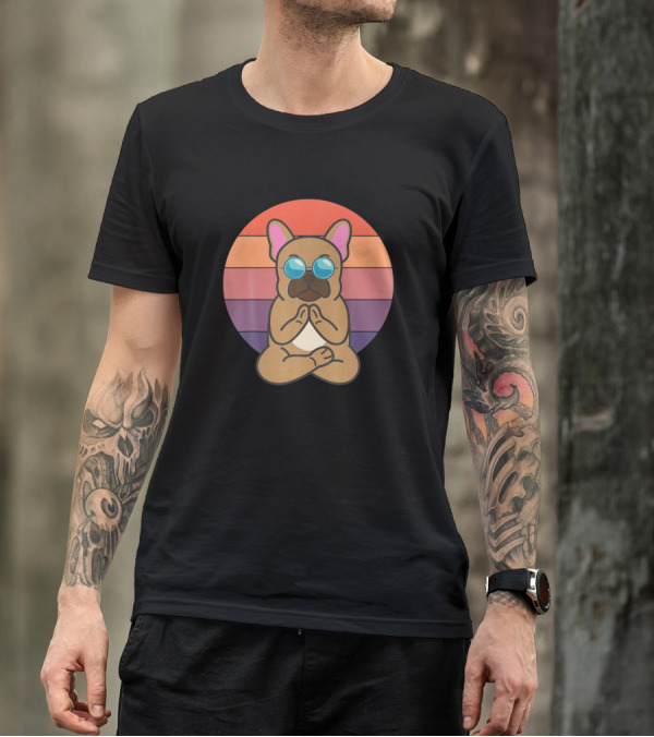 Yoga-Loving Calm Dog Mom Dad With Meditating French Bulldog In Retro Sunset T-Shirt