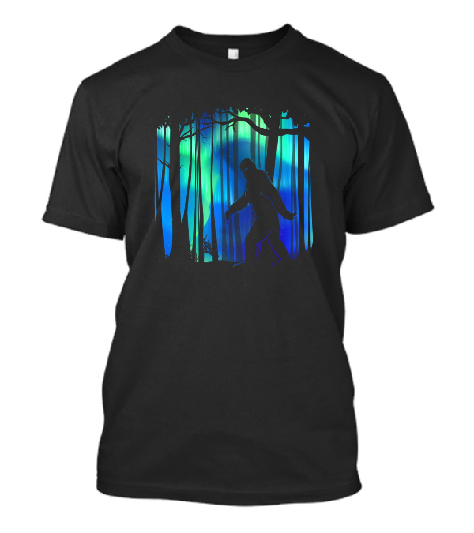 Bigfoot Walking Aurora Borealis In Northern Forest T-Shirt