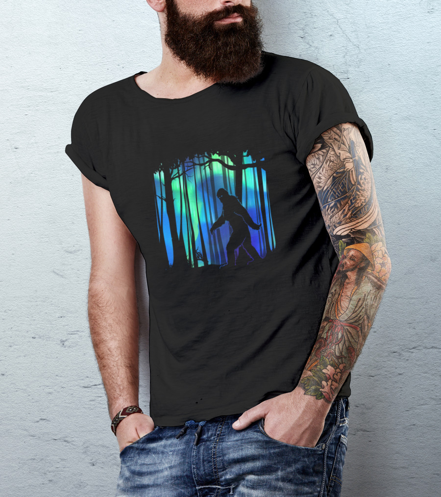 Bigfoot Walking Aurora Borealis In Northern Forest T-Shirt