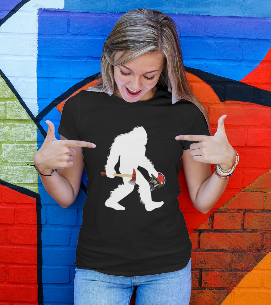 Bigfoot Wildland Firefighter Woodland Sasquatch Axe And Helmet T-Shirt