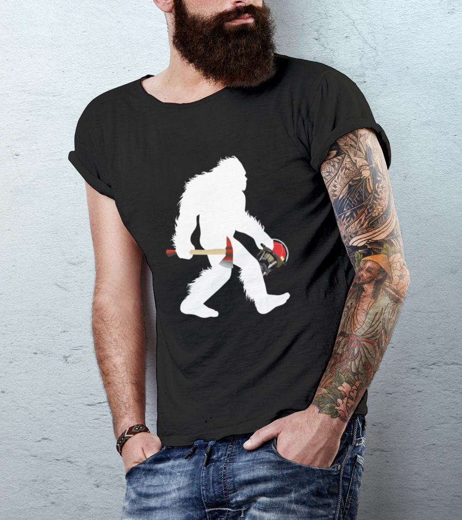 Bigfoot Wildland Firefighter Woodland Sasquatch Axe And Helmet T-Shirt