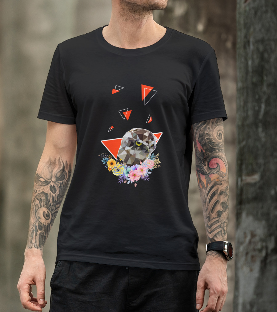 Burrowing Owl With Geometric Shapes And Colorful Flowers T-Shirt