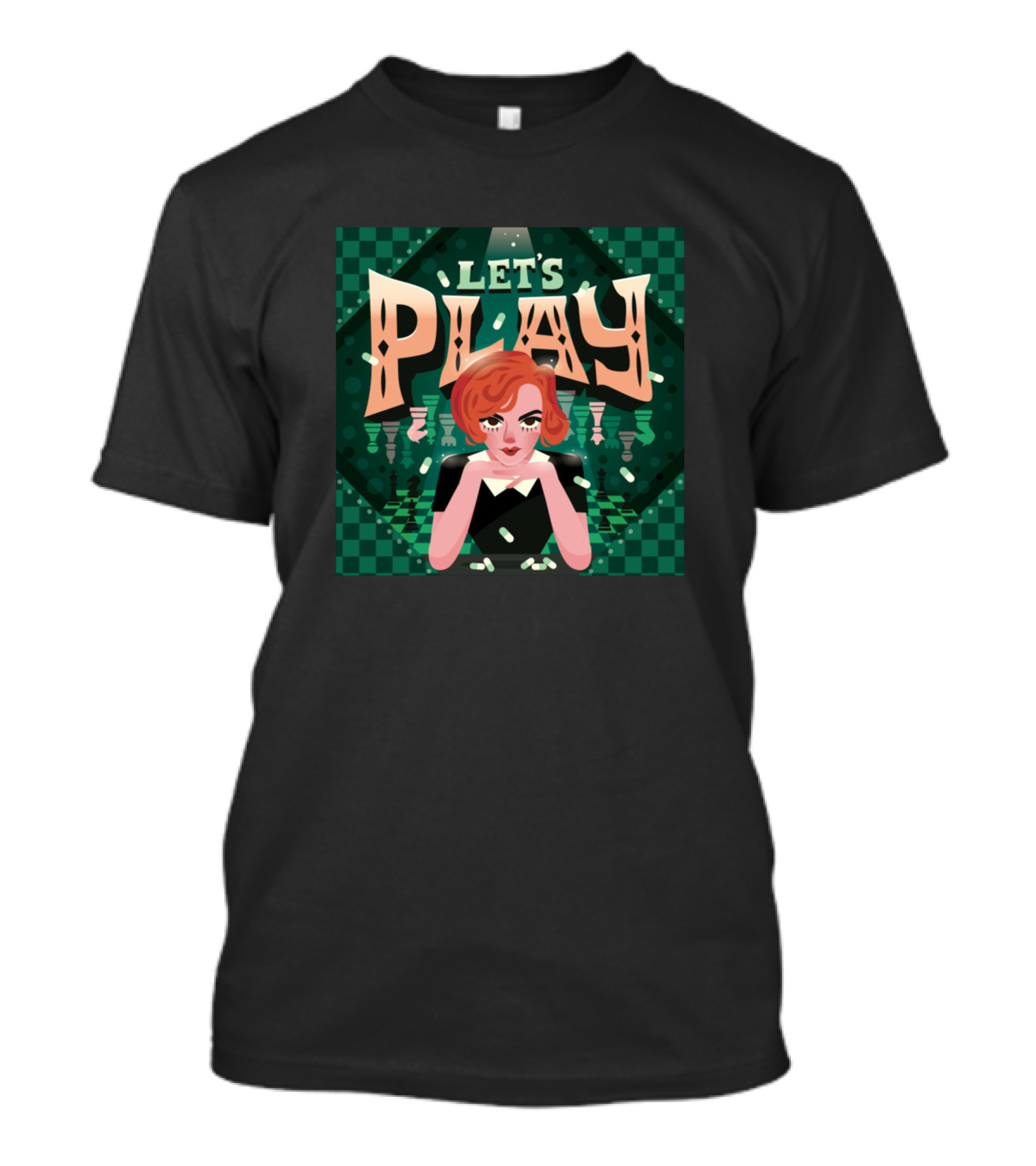 LET'S PLAY Chess Themed Character With Red Hair In Checkered Background T-Shirt