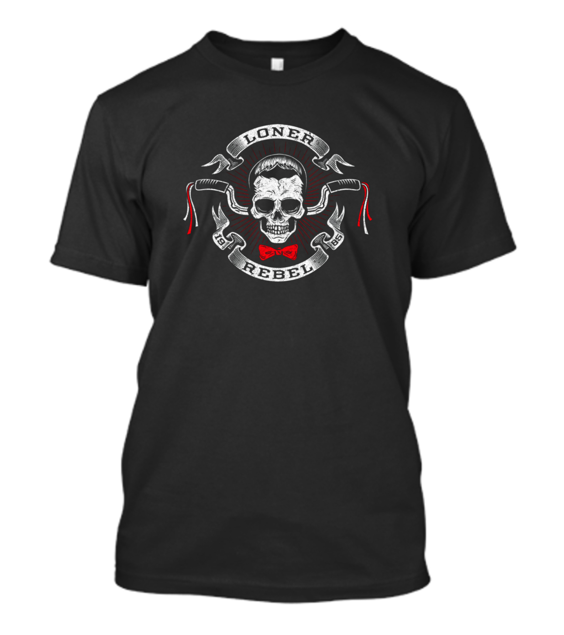 Loner Rebel Skull With Red Bowtie And Handlebars Crest T-Shirt