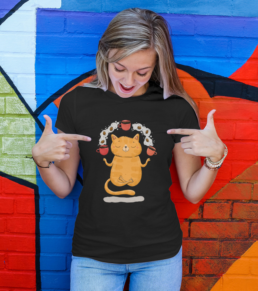 Content Zen Cat Balancing Coffee Cups T-Shirt