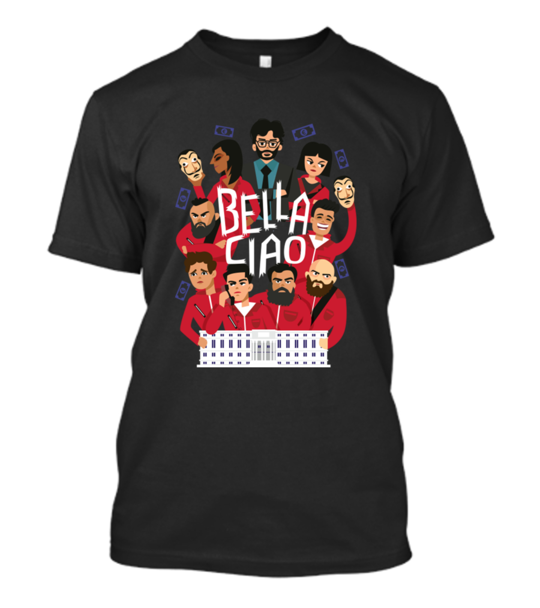 Money Heist Bella Ciao Characters Holding Masks And Money T-Shirt