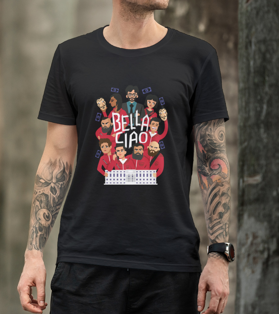 Money Heist Bella Ciao Characters Holding Masks And Money T-Shirt