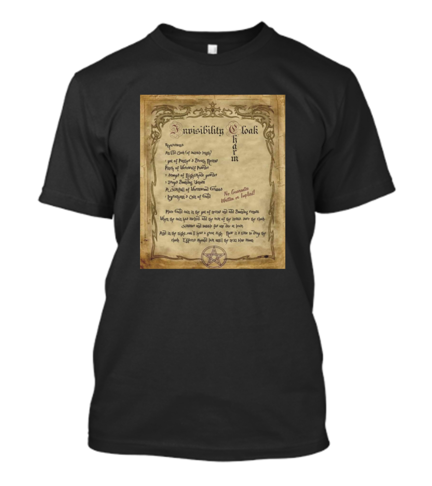 Nvisibility Cloak Charm Recipe Missing Magic Wand Pentagram Scroll Text T-Shirt