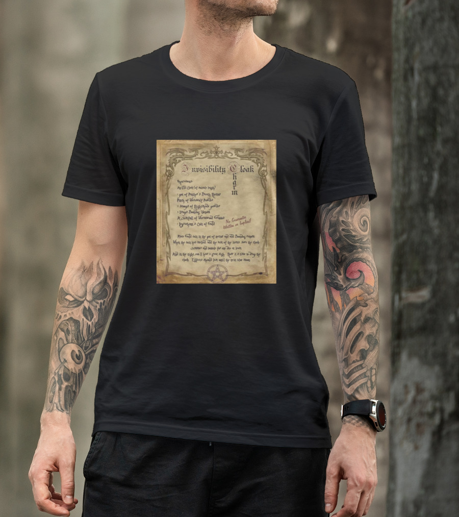 Nvisibility Cloak Charm Recipe Missing Magic Wand Pentagram Scroll Text T-Shirt