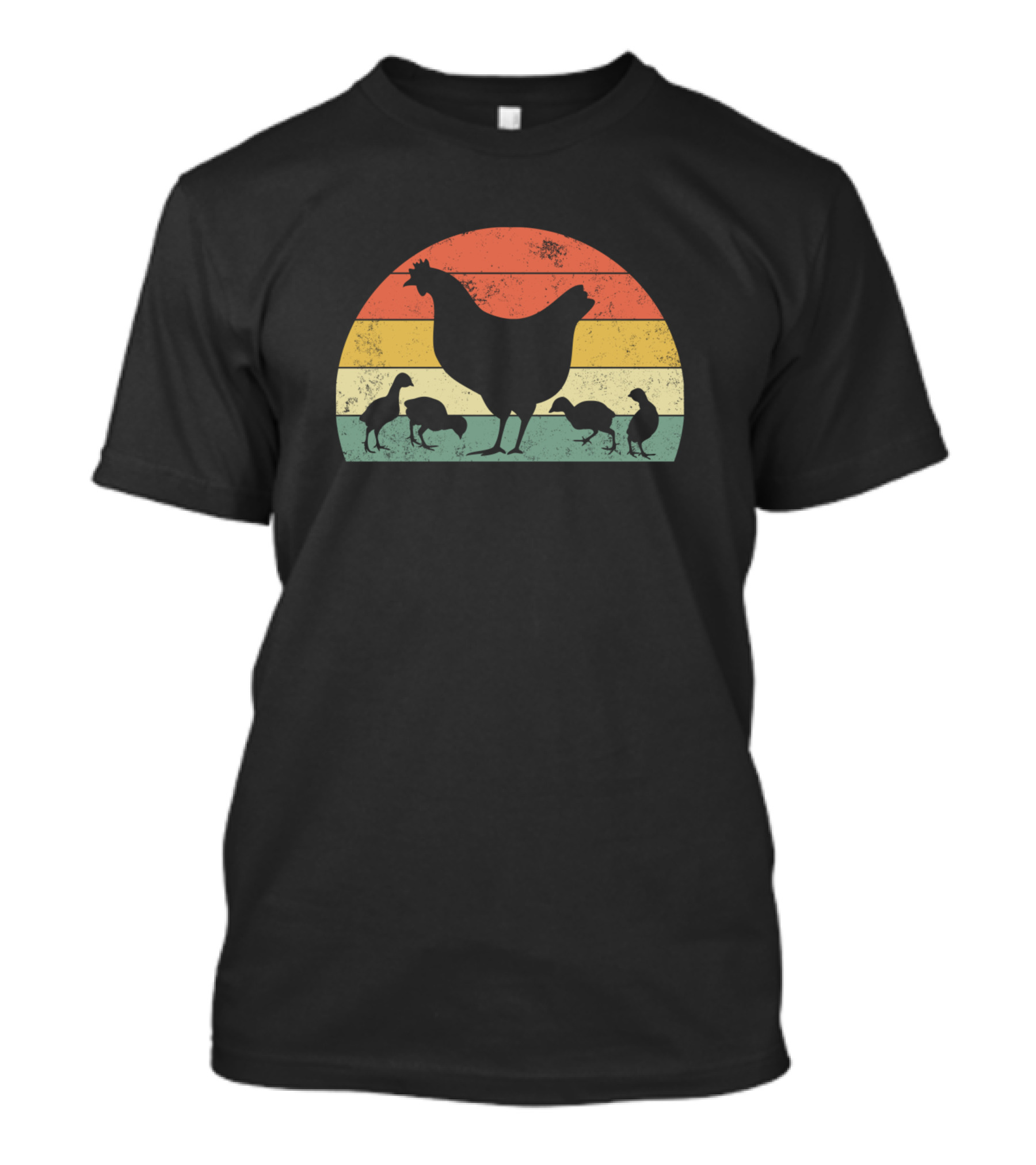 Vintage Retro Mother Chicken With Its Baby Chicks Against Sunset Stripes T-Shirt