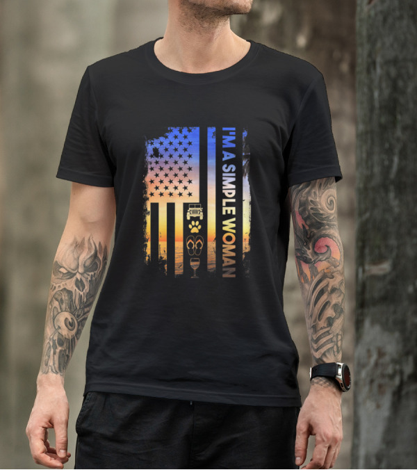 I Am A Simple Woman Love Jeep Dog Beach Sunset American Flag T-Shirt