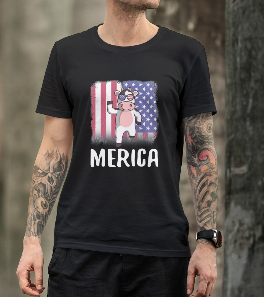 Merica Cow With Sunglasses American Flag 136 Farmi T-Shirt