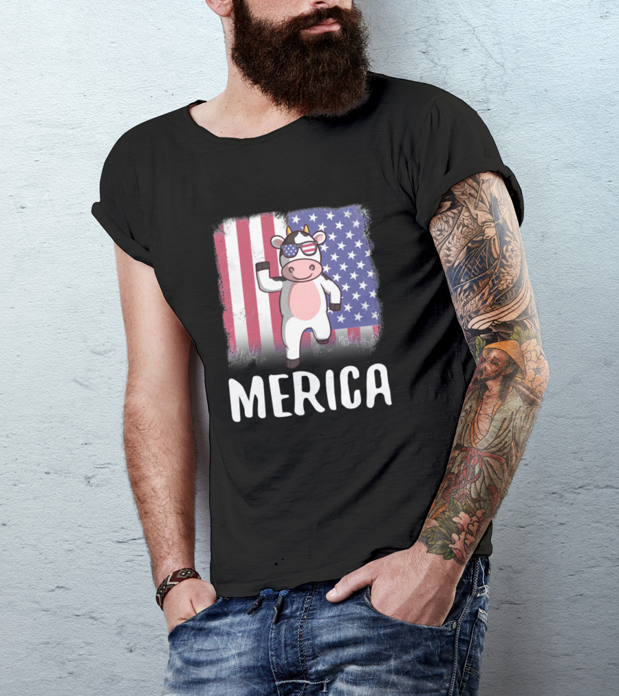 Merica Cow With Sunglasses American Flag 136 Farmi T-Shirt