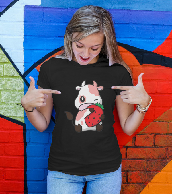 Cows Strawberry Cow Cute New 296 Farming Kawaii Winking Strawberry Cow T-Shirt