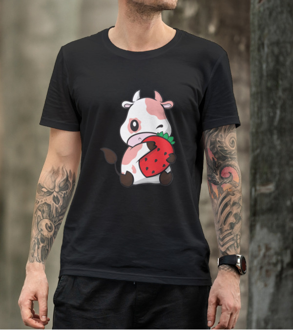 Cows Strawberry Cow Cute New 296 Farming Kawaii Winking Strawberry Cow T-Shirt
