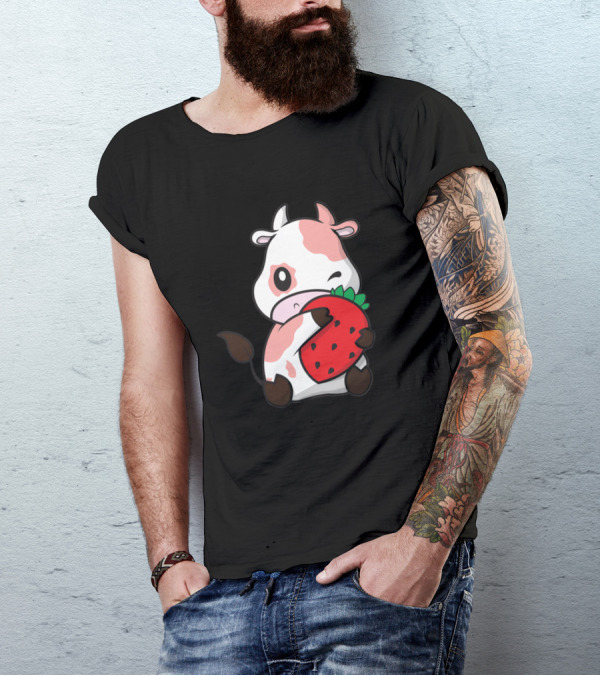 Cows Strawberry Cow Cute New 296 Farming Kawaii Winking Strawberry Cow T-Shirt