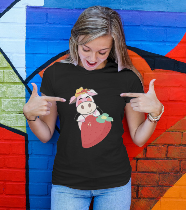 Strawberry Cow Wearing Pink Hat 457 Farming Cute Cartoon T-Shirt