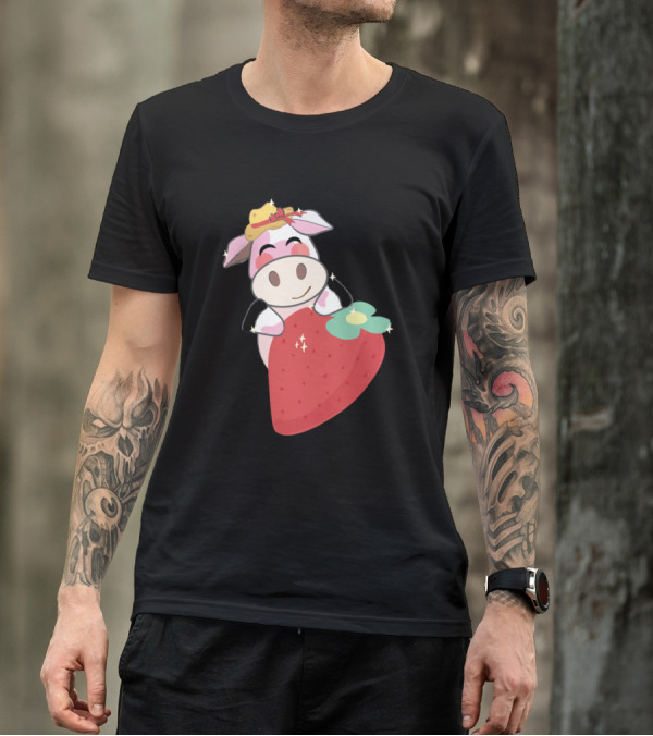 Strawberry Cow Wearing Pink Hat 457 Farming Cute Cartoon T-Shirt
