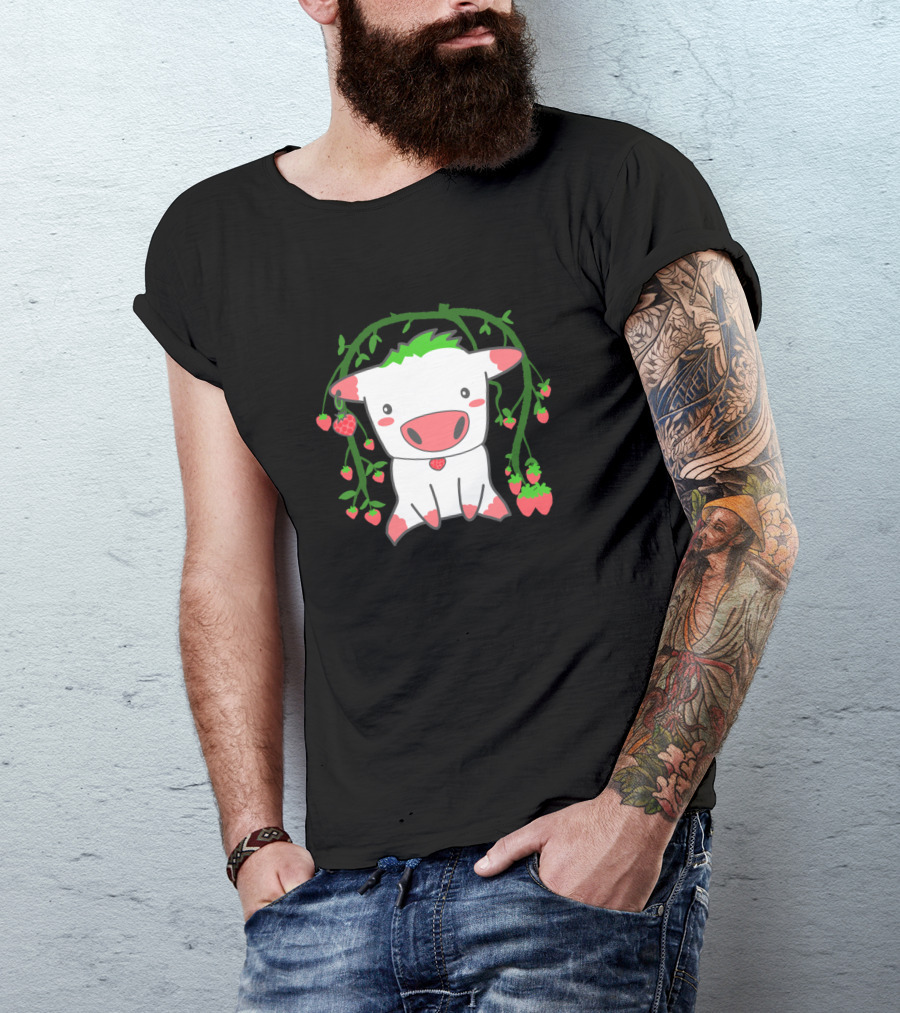 Strawberry Cow Under Strawberry Tree With Vines In Farming T-Shirt