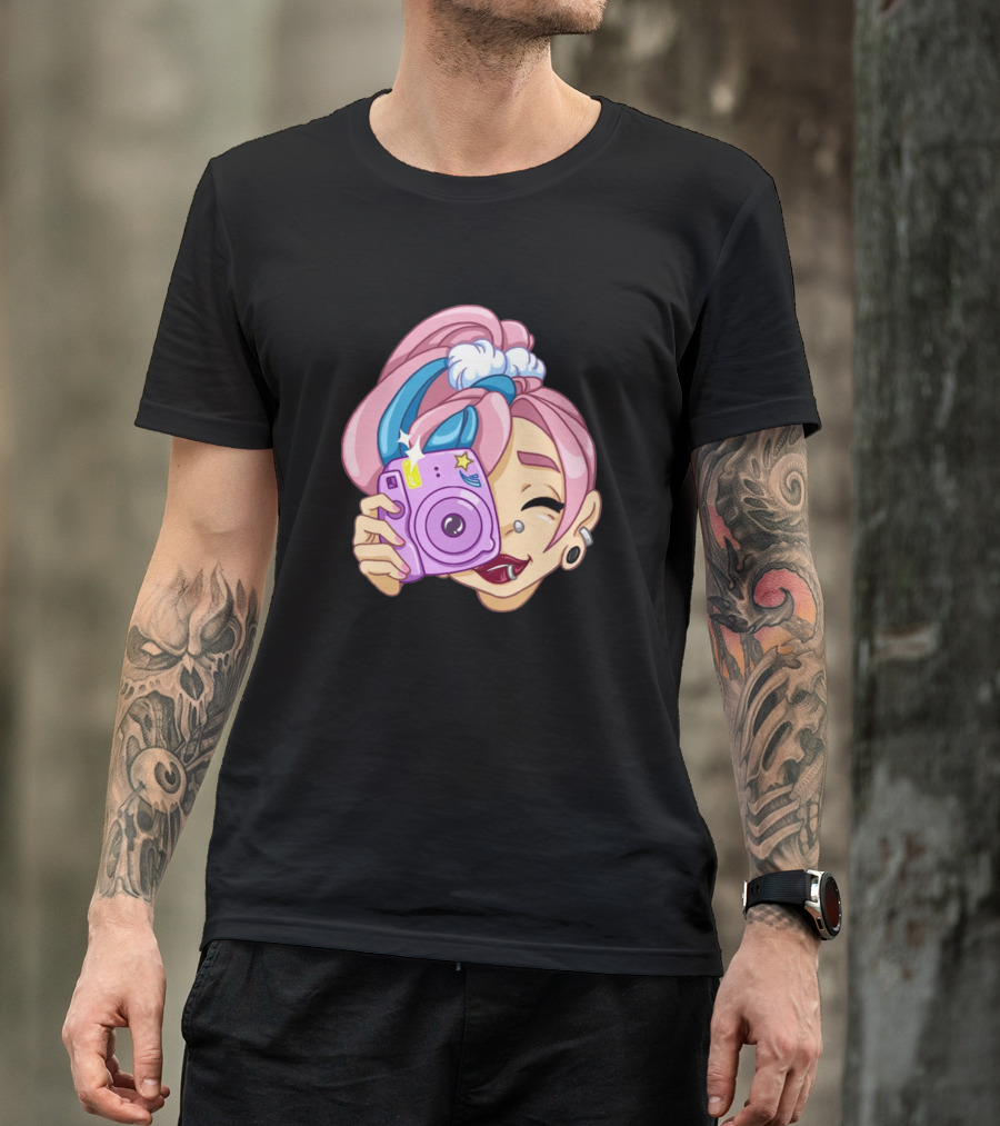 Pink Haired Girl With Camera And Blue Headband T-Shirt