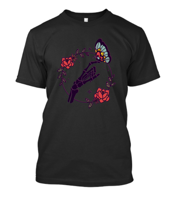 Dead Hand Tees Floral Skeleton Hand Butterfly Roses T-Shirt