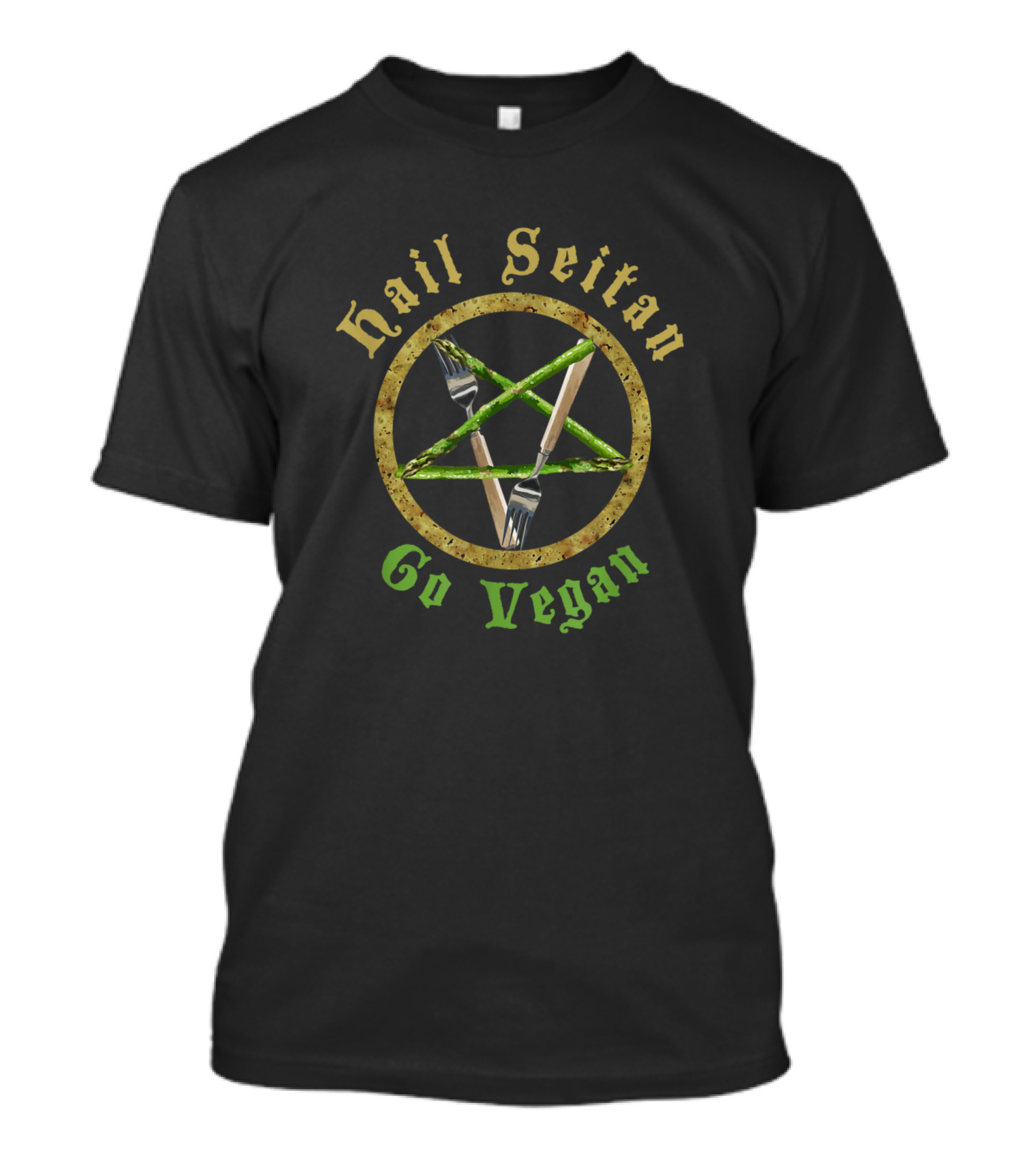 Hail Seitan Go Vegan Funny Idea With Fork And Asparagus Pentagram T-Shirt