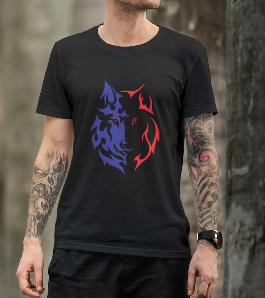 Wolf Face Tattoo Red Blue Flame Split T-Shirt