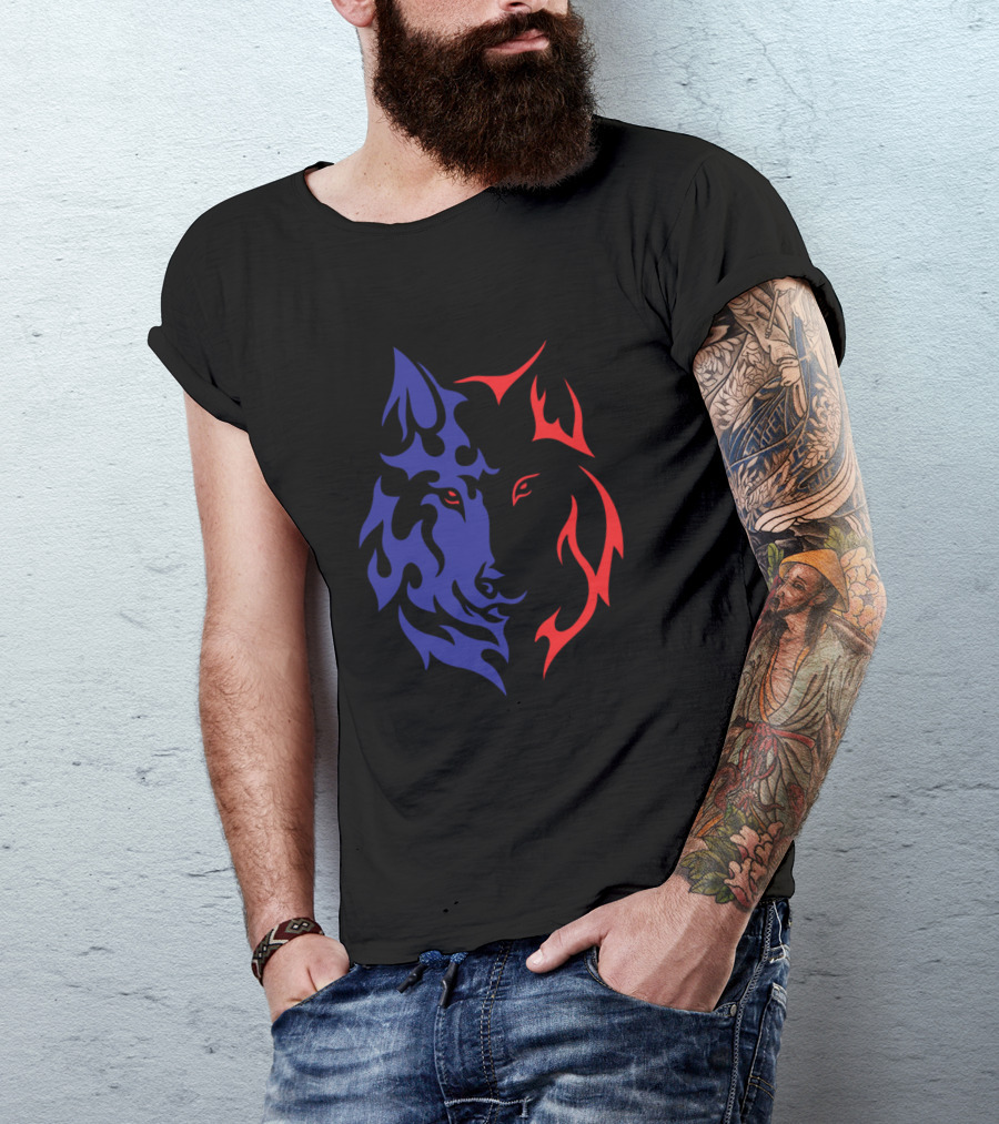 Wolf Face Tattoo Red Blue Flame Split T-Shirt