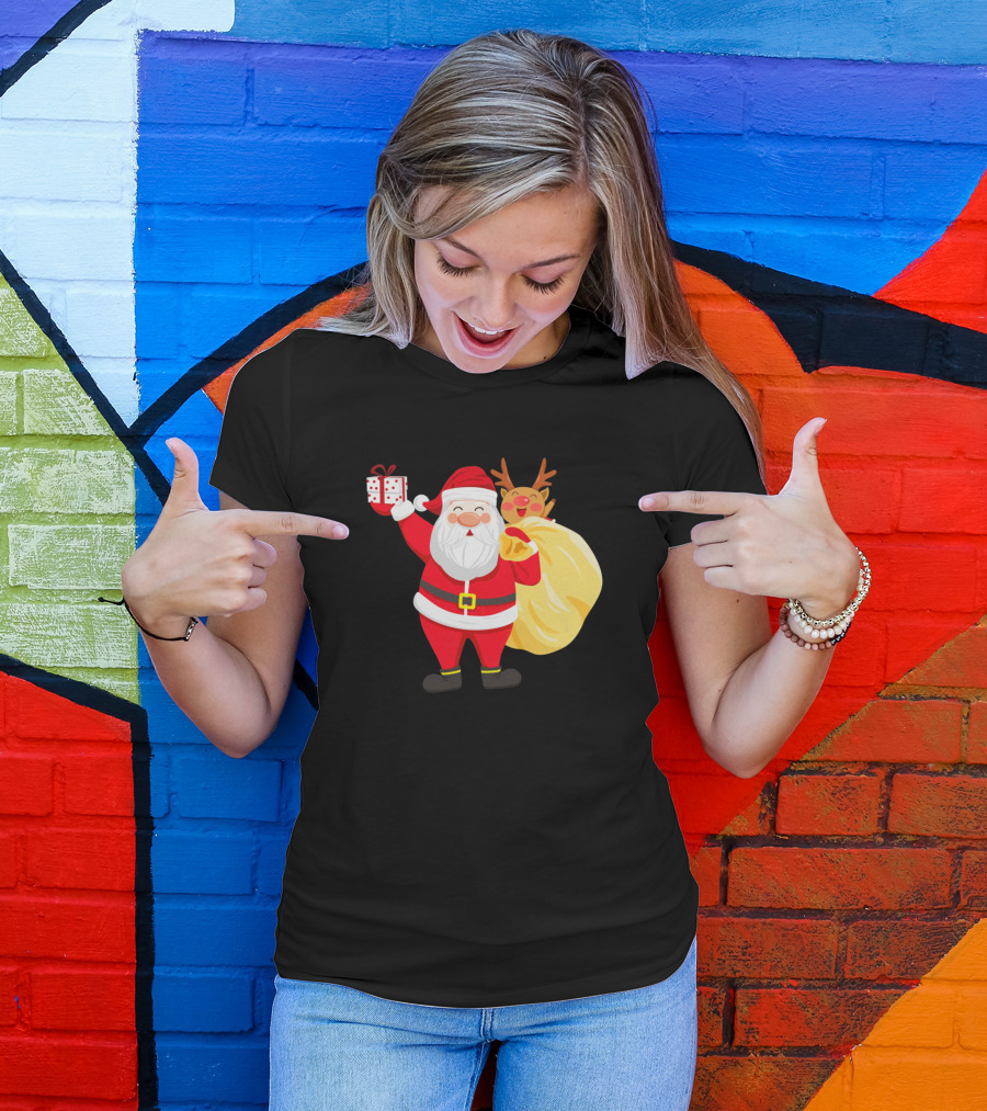 Creative Santa Claus With Gift And Reindeer Behind Sack T-Shirt