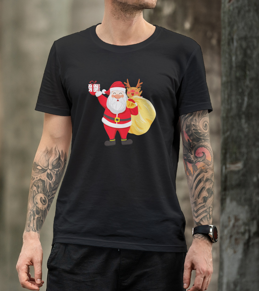 Creative Santa Claus With Gift And Reindeer Behind Sack T-Shirt
