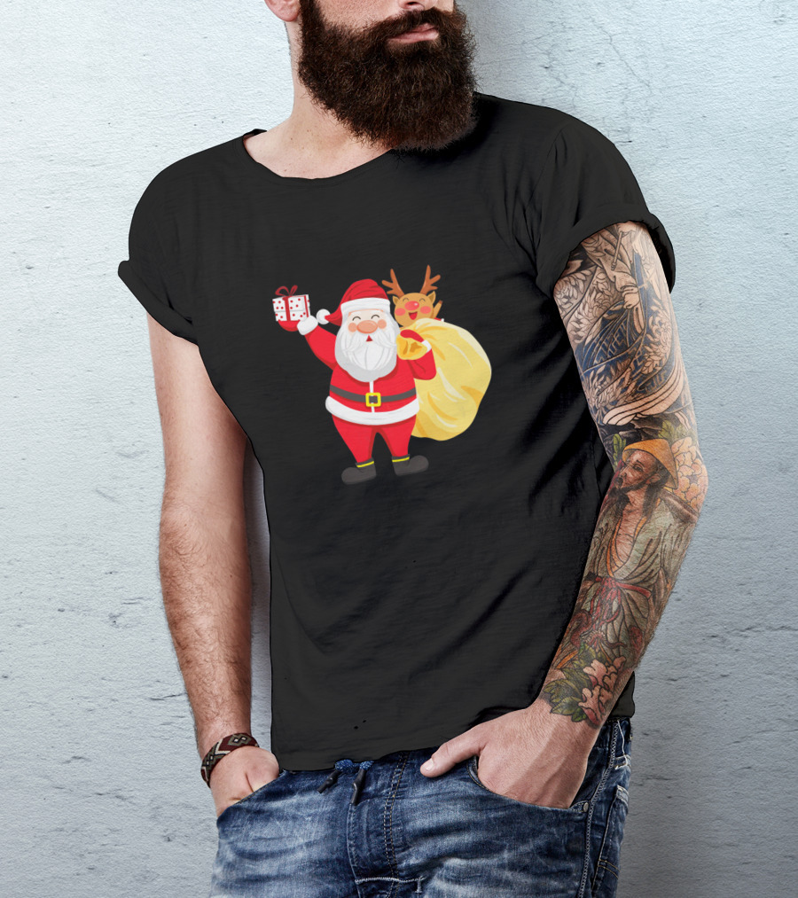 Creative Santa Claus With Gift And Reindeer Behind Sack T-Shirt