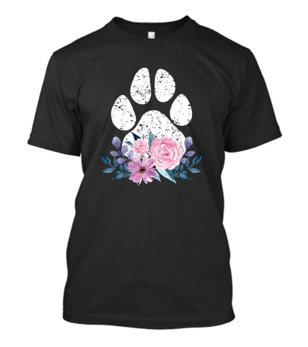 Cute Dog Lover Paw Print With Floral Design Fun T-Shirt
