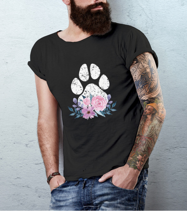 Cute Dog Lover Paw Print With Floral Design Fun T-Shirt