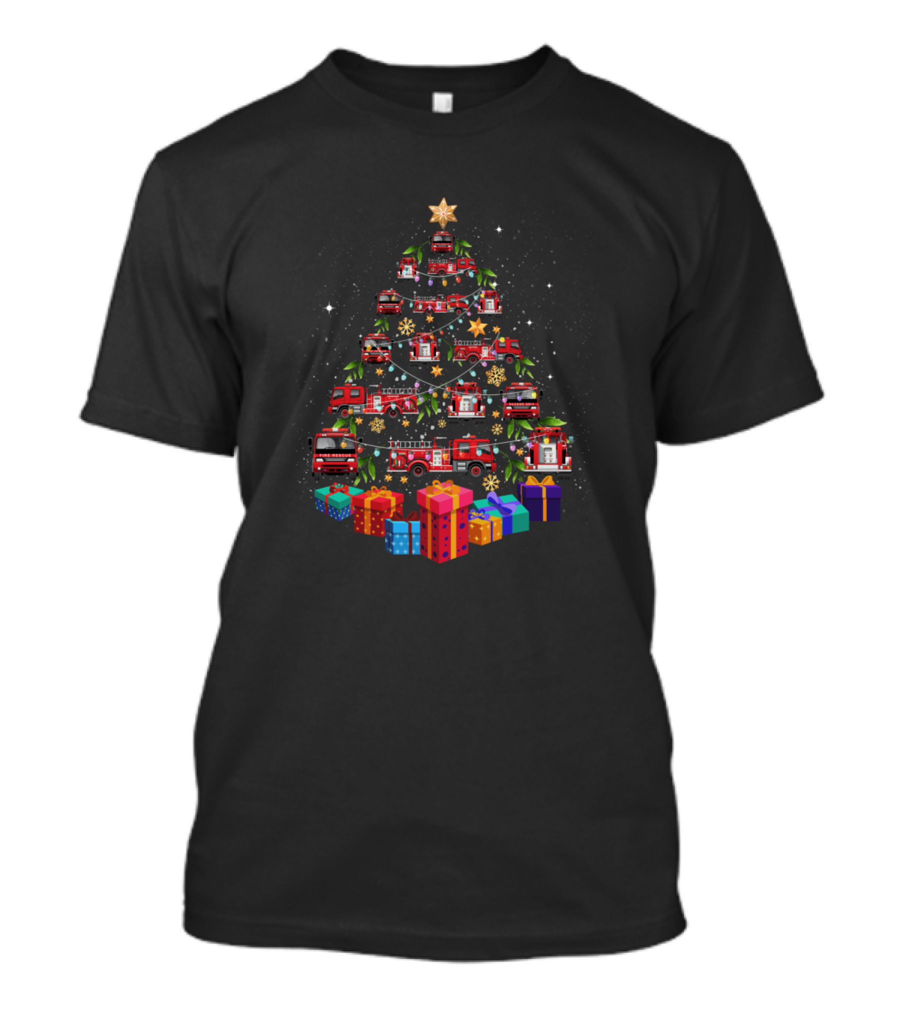 Firetruck Christmas Tree Funny Holiday Presents Festive Decor With Fire Engine Ornaments T-Shirt