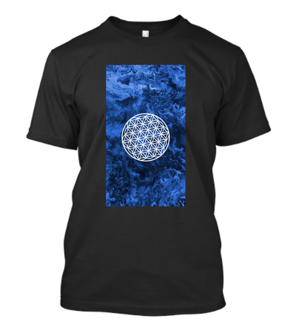 Flower Of Life Sacred Geometry Mandala Blue Sphere On Abstract Swirl T-Shirt
