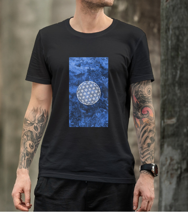 Flower Of Life Sacred Geometry Mandala Blue Sphere On Abstract Swirl T-Shirt