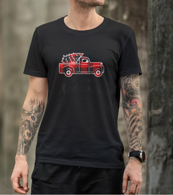 Buffalo Plaid Red Truck Merry Christmas Tree T-Shirt